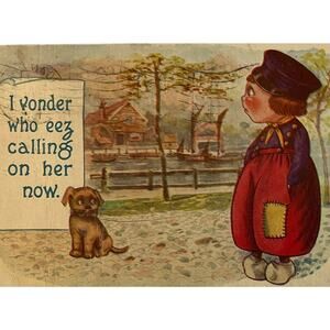 Antique 1916 Ephemera Postcard Humorous Sweet Message Dutch Boy Dog Posted IA Co